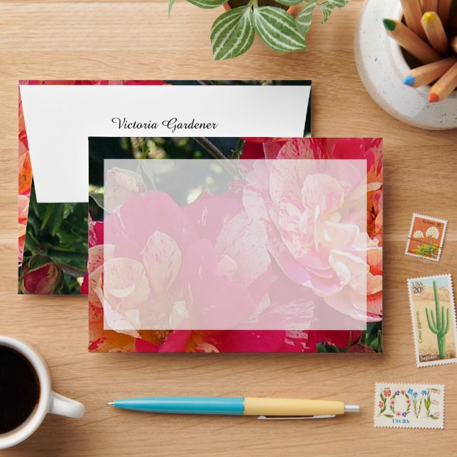 Elegant Editable Pink White Striped Roses Floral Envelope (Desk)