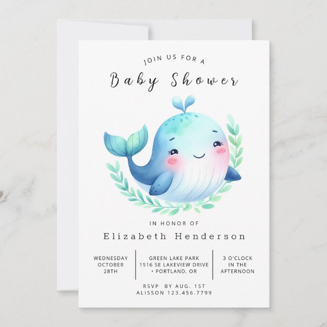 Elegant Editable Whale Baby Shower Invitation (Front)