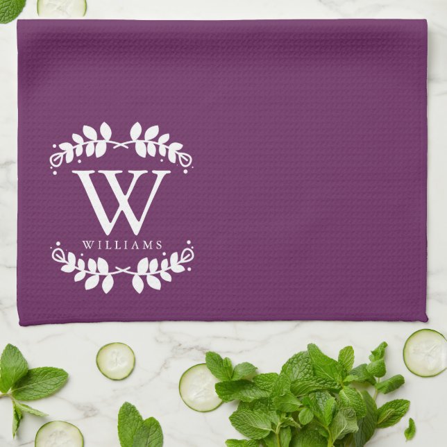 Elegant Eggplant Purple Monogram Tea Towel (Folded)
