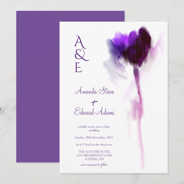 Elegant Eggplant Violet Tulip Floral Wedding Invitation (Front/Back)