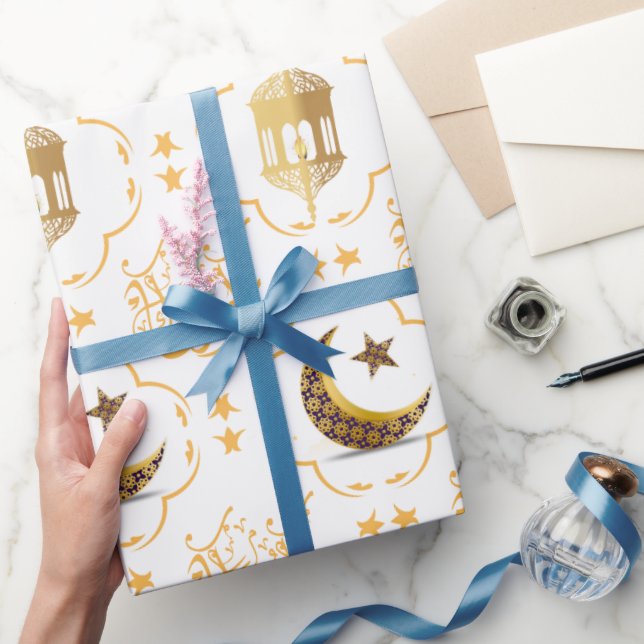 Elegant Eid Mubarak Arabic Calligraphy gold white Wrapping Paper (Gifting)