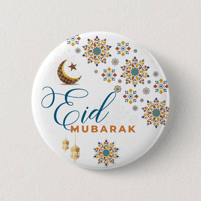 Elegant Eid Mubarak Arabic Calligraphy Moon Stars  6 Cm Round Badge (Front)