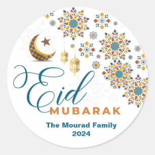 Elegant Eid Mubarak Arabic Calligraphy Moon Stars  Classic Round Sticker