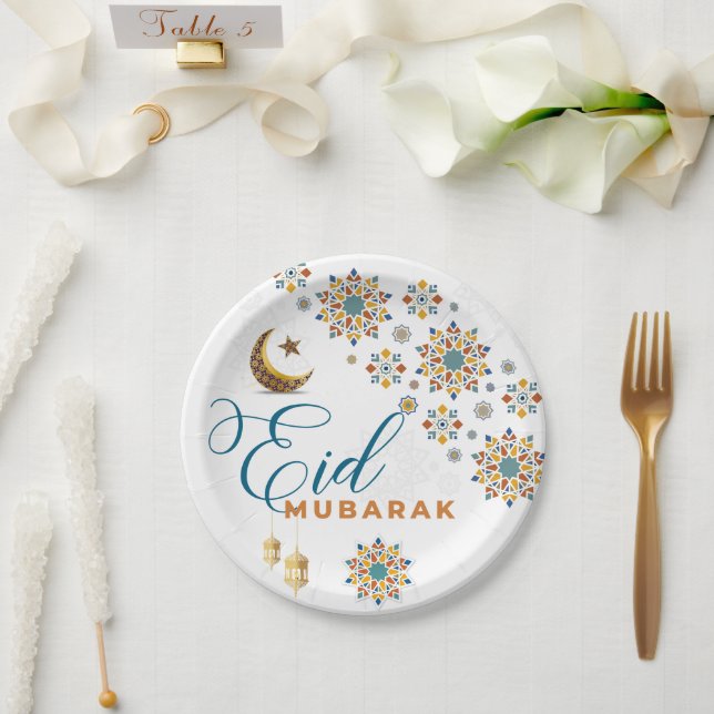 Elegant Eid Mubarak Arabic Calligraphy Moon Stars  Paper Plate (Wedding)