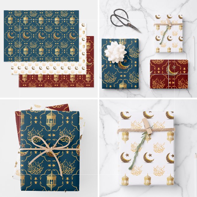 Elegant Eid Mubarak Calligraphy gold  Wrapping Paper Sheet (Eid Mubarak adha islamic arabic joy crescent star gold script typography muslim festival  fitr wrap)