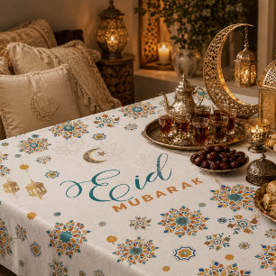 Elegant Eid Mubarak Calligraphy Moon Stars  Tablecloth