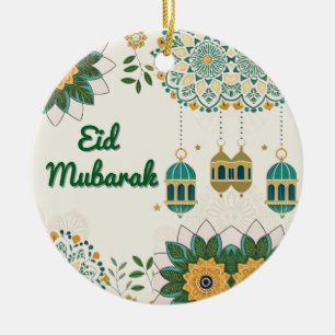 Elegant Eid Mubarak Card with Lanterns and Floral  Ceramic Tree Decoration