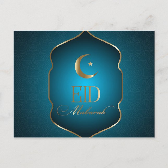 Elegant Eid Mubarak Crescent Star Gold Frame Blue Holiday Postcard (Front)