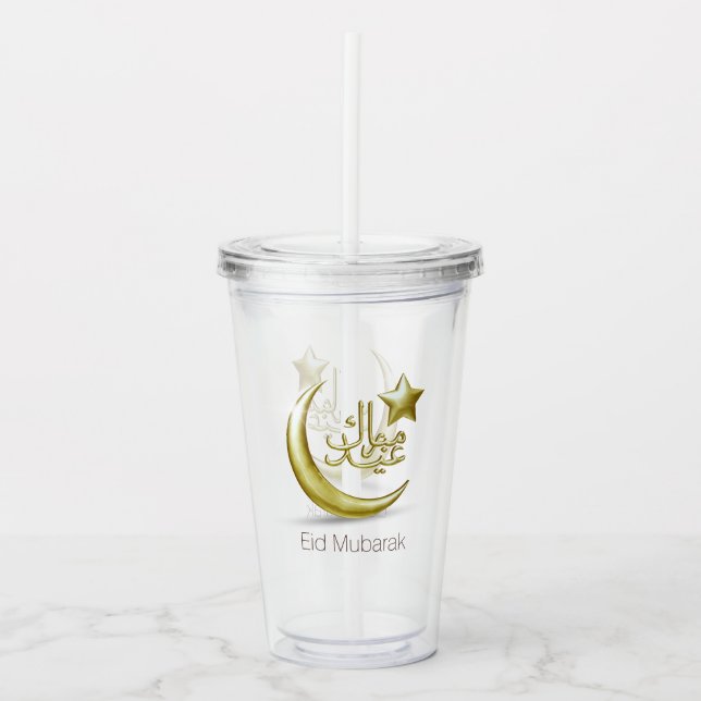 Elegant Eid Mubarak Gold Moon Star Acrylic Tumbler (Front)