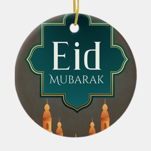 Elegant Eid Mubarak Mosque Skyline Art Ceramic Tree Decoration (Front)