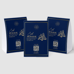 Elegant Eid Mubarak Table Tent Sign Navy & Gold QR