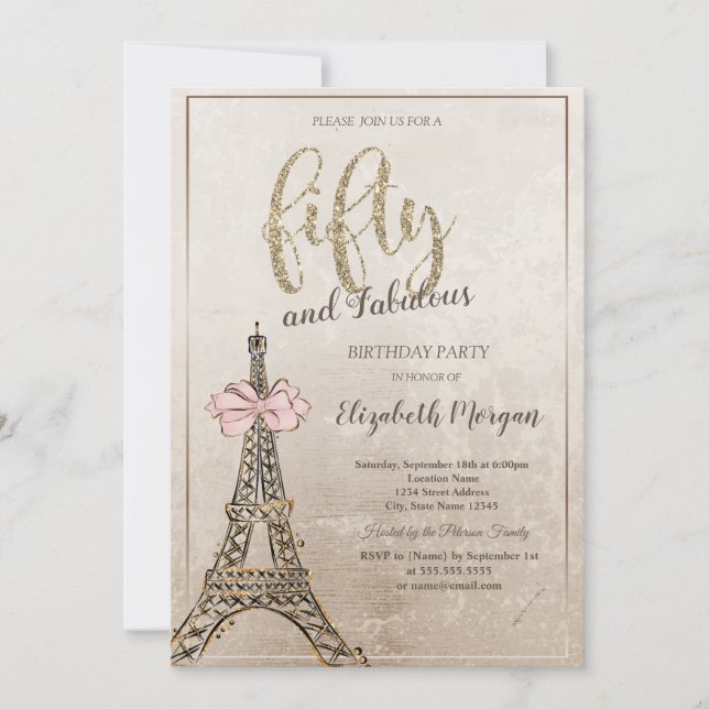 Elegant Eiffel Tower Bow 50th Birthday Invitation (Front)