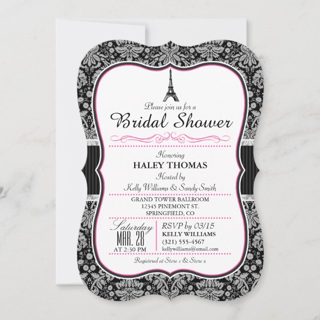 Elegant Eiffel Tower Bridal Shower; Black Damask Invitation (Front)