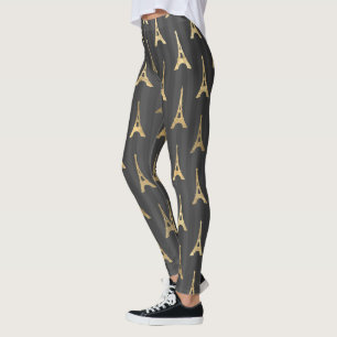 Elegant Eiffel Tower France Yellow Black Vertical Leggings