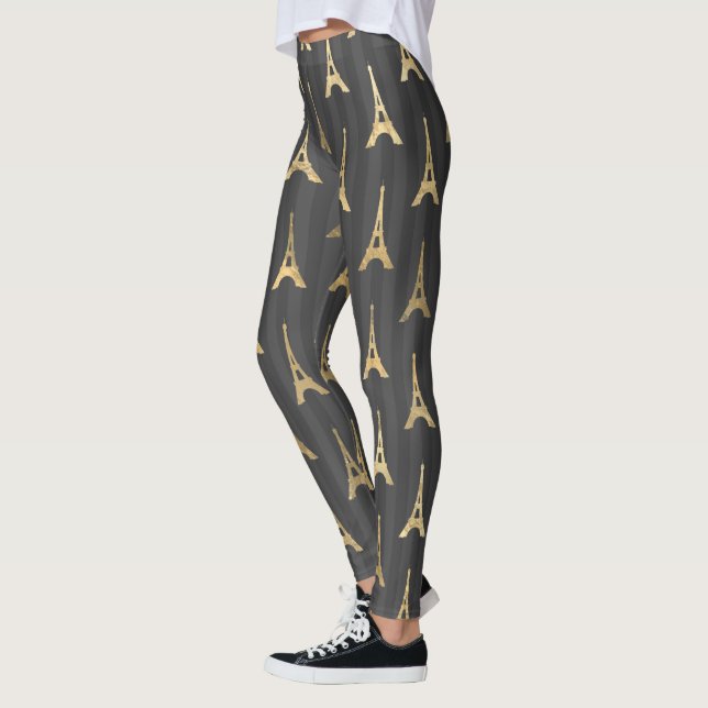 Elegant Eiffel Tower France Yellow Black Vertical Leggings (Left)