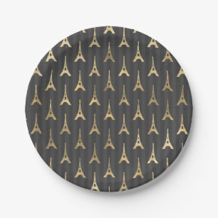 Elegant Eiffel Tower France Yellow Black Vertical Paper Plate