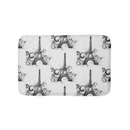 Elegant Eiffel Tower Paris Black White Flourish Bath Mat