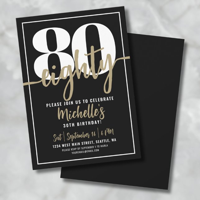 Elegant Eighty Gold 80th Birthday Party Invitation (Black Gold 80th Birthday Party Invitation)
