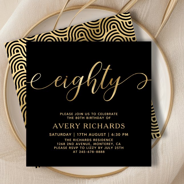 Elegant Eighty Gold Script Black 80th Birthday Invitation (Creator Uploaded)
