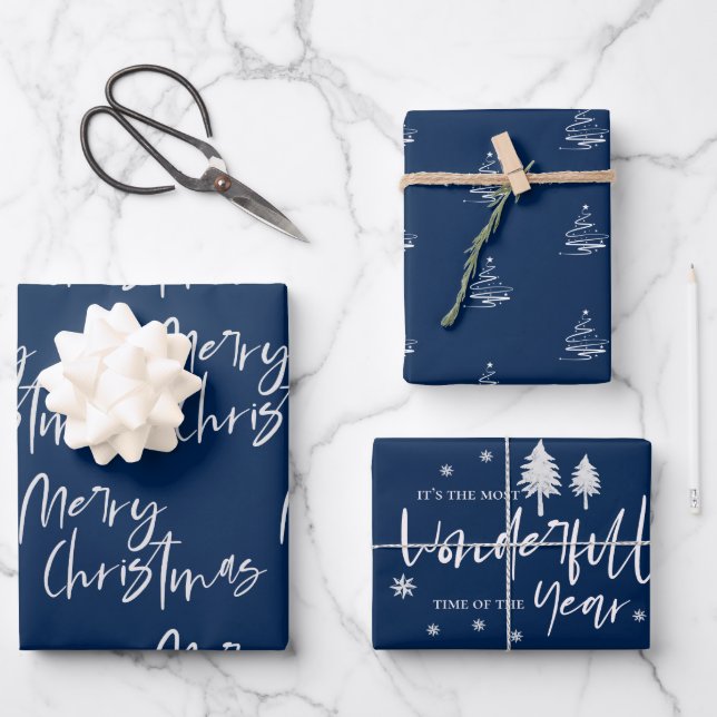 Elegant Electric Blue Merry Christmas Quote Gift Wrapping Paper Sheet (Front)