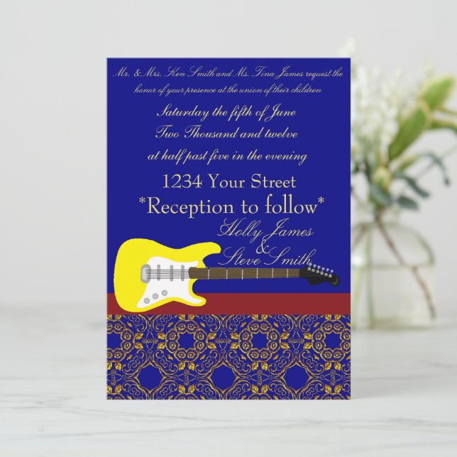 Elegant Electric Guitar gold and navy blue wedding Invitation (Standing Front)