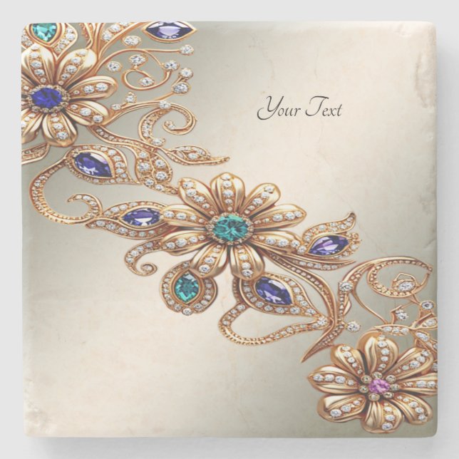 Elegant Elegant Gold Jewel Flowers Stone Coaster (Front)