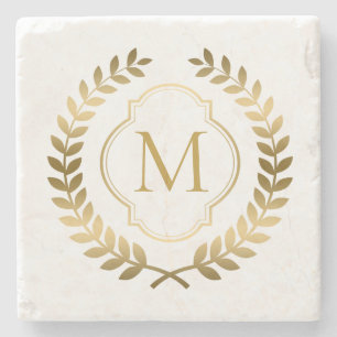 Elegant Elegant Gold Wreath Monogram Stone Coaster