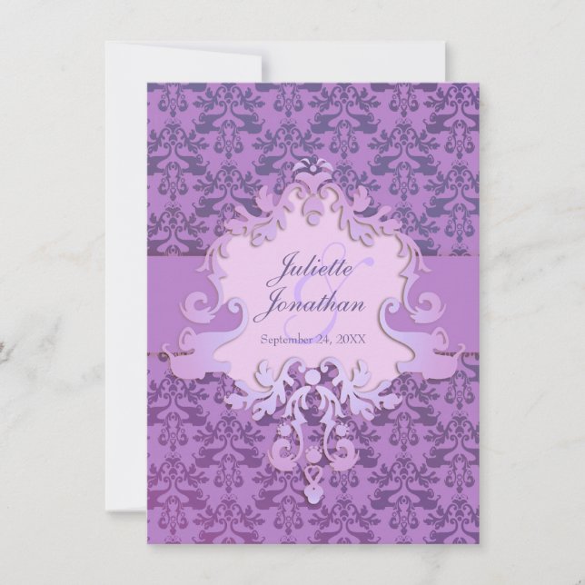 Elegant elephant damask purple wedding invitation (Front)