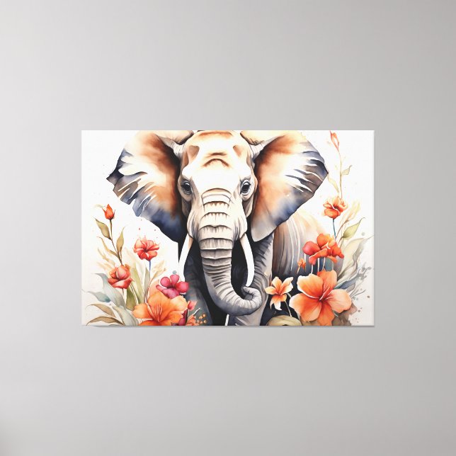 Elegant Elephant & Floral Watercolor Art Canvas Print (Front)
