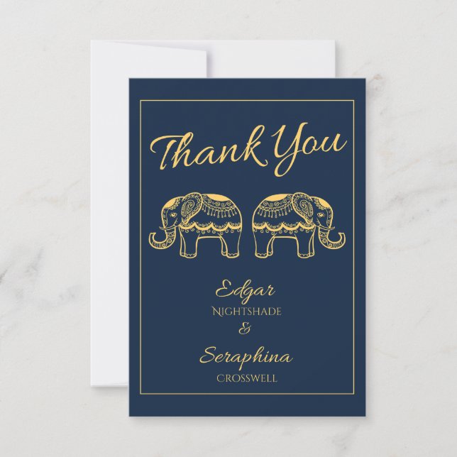 Elegant Elephants Blue and Gold Indian Wedding Thank You Card (Front)