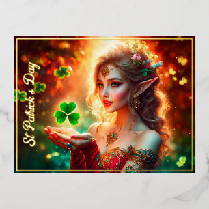 Elegant elf girl St Patrick's Day floral sunshine Foil Holiday Postcard
