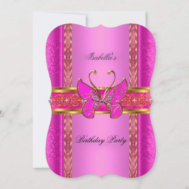 Elegant Elite Hot Pink Gold Butterfly Party Invitation (Front)