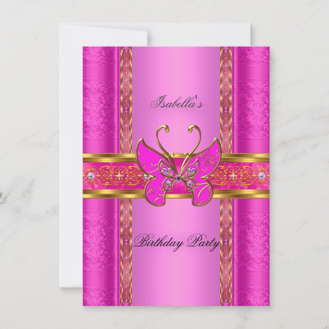 Elegant Elite Hot Pink Gold Butterfly Party Invitation (Front)