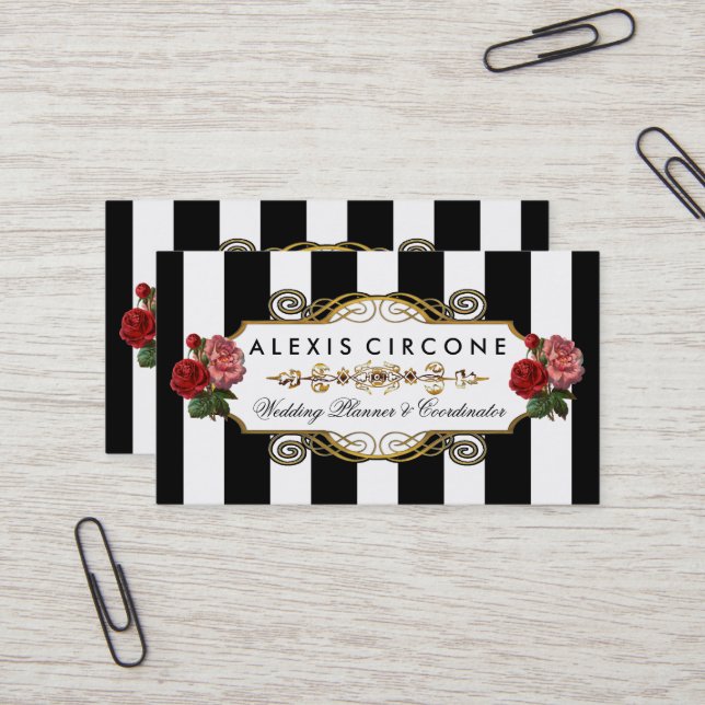 Elegant Elite Stripes |Gold Floral Wedding Planner Business Card (Front/Back In Situ)