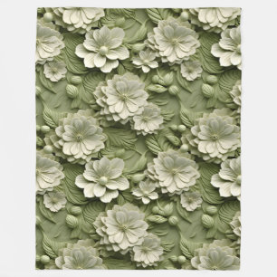 Elegant Embossed 3D Floral Relief Olive Green Fleece Blanket