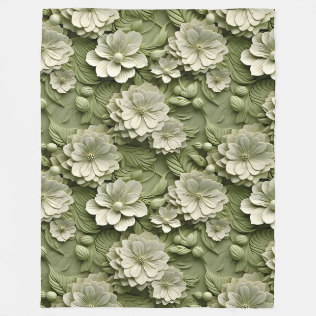 Elegant Embossed 3D Floral Relief Olive Green Fleece Blanket (Front)