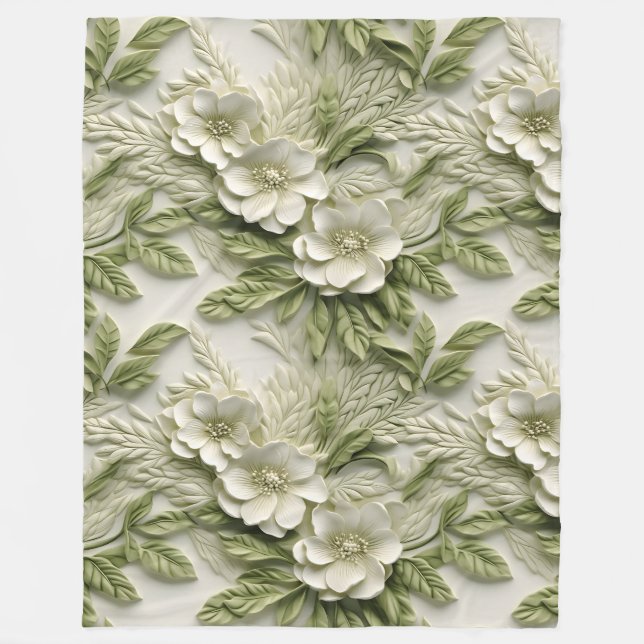 Elegant Embossed 3D Floral Relief Olive & Ivory Fleece Blanket (Front)