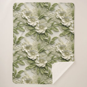 Elegant Embossed 3D Floral Relief Olive & Ivory Sherpa Blanket