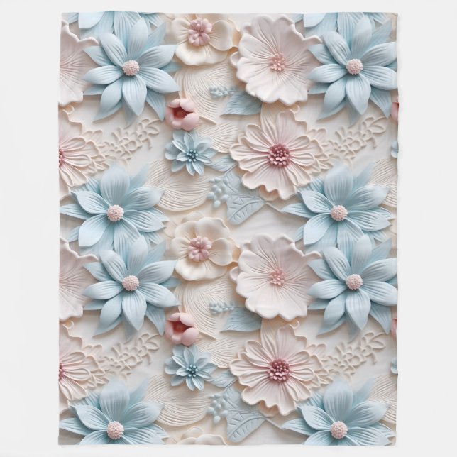 Elegant Embossed 3D Style Floral Relief Pastel Fleece Blanket (Front)