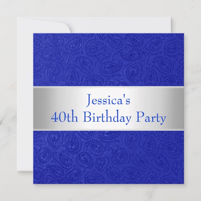 Elegant Embossed Blue Paisley White Party Invitation (Front)