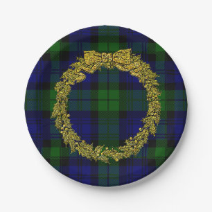 Elegant Embossed Holly Wreath Blackwatch Plaid Paper Plate