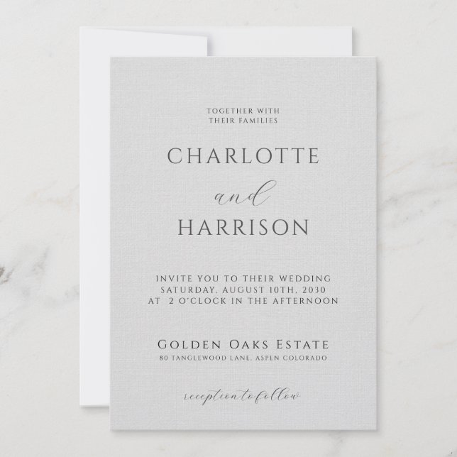Elegant Embossed Linen Minimalist Grey Wedding Invitation (Front)