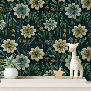 Elegant Embroidered Green Floral Pattern Wallpaper