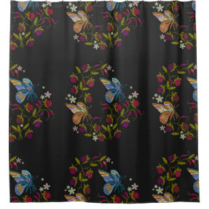 Elegant Embroidery Style Pattern Flowers Butterfly Shower Curtain
