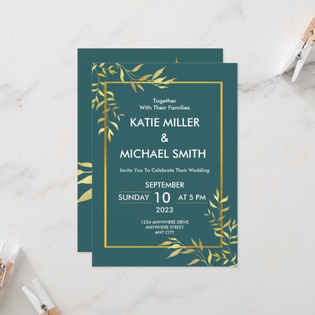 Elegant Emeral Green  & Gold Modern Wedding Invitation (Front/Back In Situ)