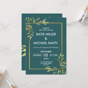 Elegant Emeral Green  & Gold Modern Wedding Invitation