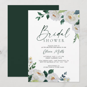 Elegant Emeral Ivory White Floral Bridal Shower Invitation