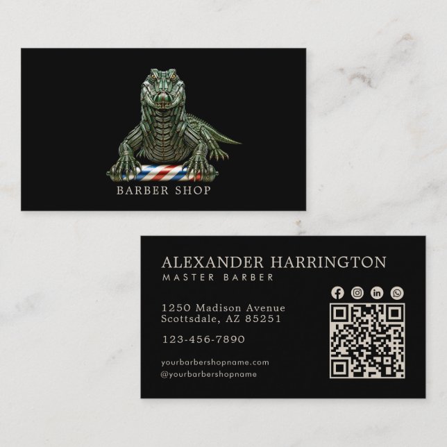 Elegant Emerald Alligator Barber Shop Qr Code Business Card (Front/Back)
