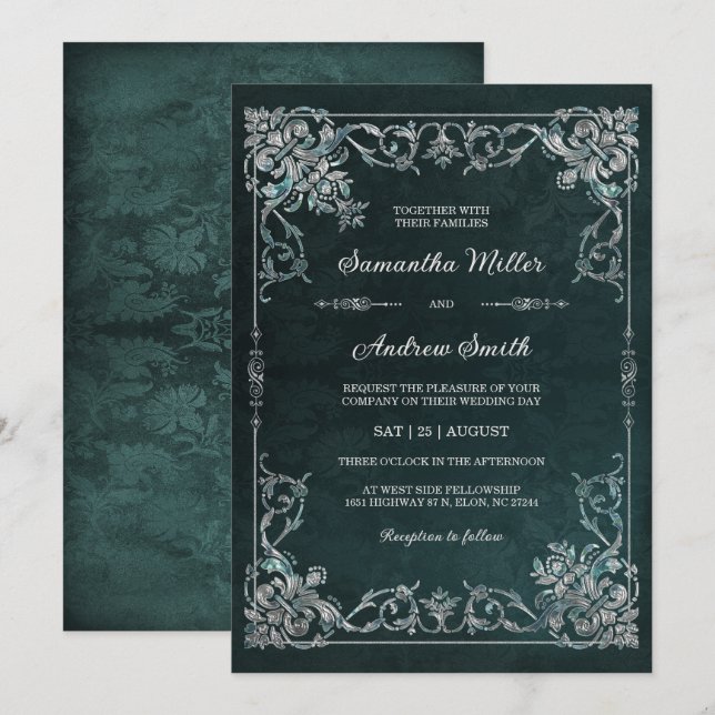 Elegant Emerald and Diamond Wedding Invitation (Front/Back)