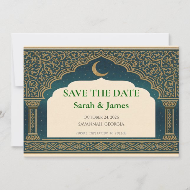 Elegant Emerald and Gold Arch Save the Date  (Front)